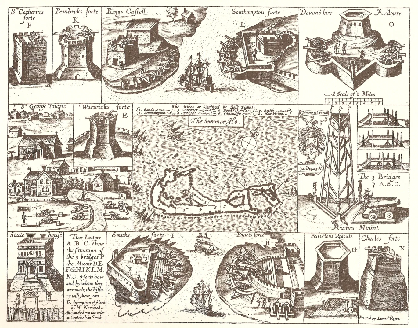 约翰·史密斯《弗吉尼亚通史》（1624）中的萨默群岛（百慕大）地图，四周绘着岛上的炮台和要塞